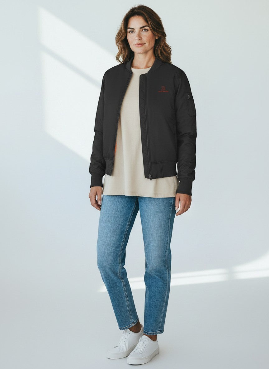 BeachBodyz® black bomber jacket with orange lining and red logo, featuring ribbed cuffs and hem, ideal for streetwear.