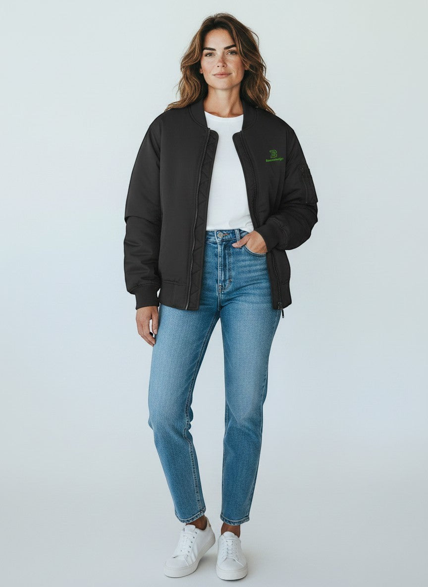 BeachBodyz® black bomber jacket with green logo, zip front, elasticated cuffs and hem, and zip pocket on sleeve.
