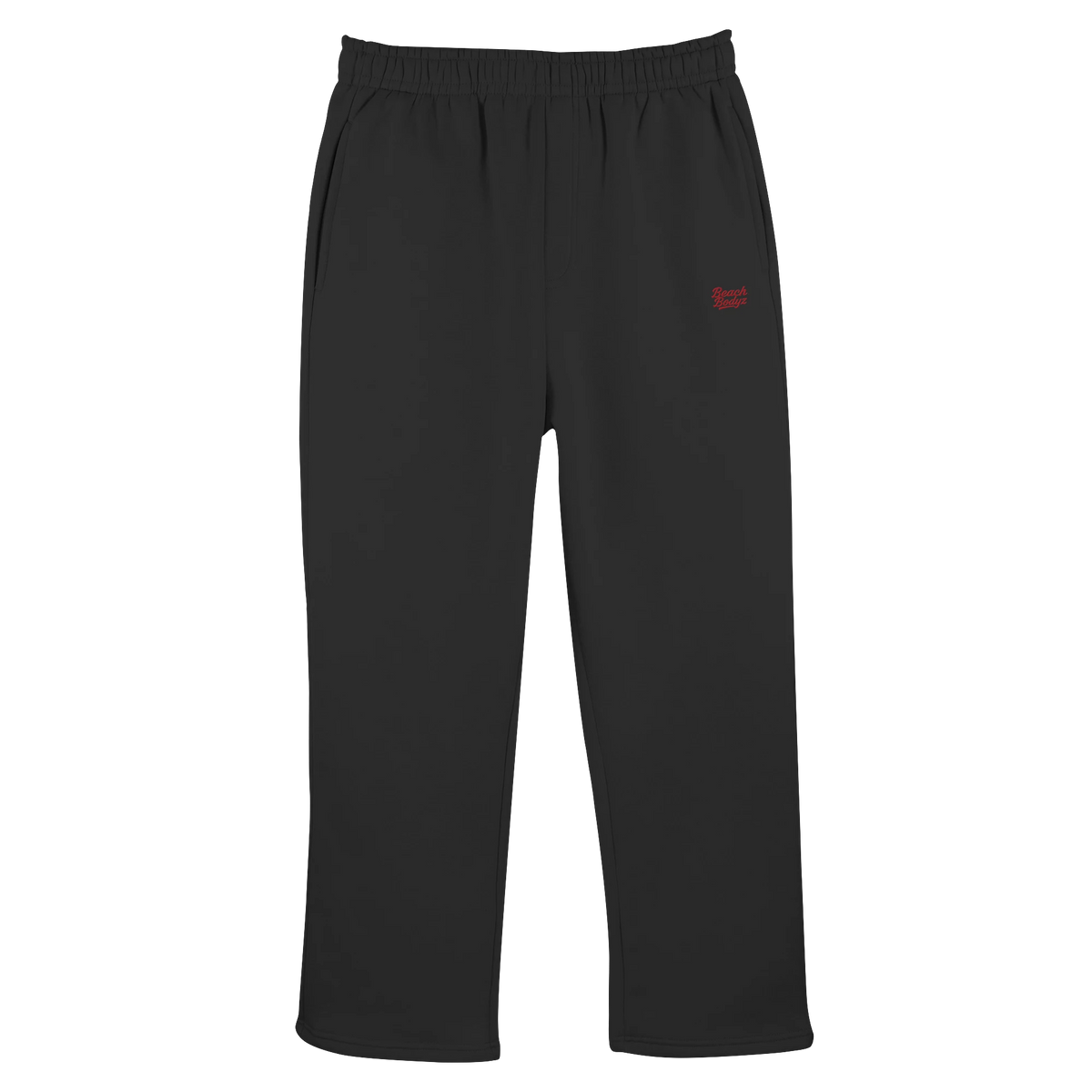 BeachBodyz® black cotton-polyester blend jogging pants with red embroidered logo and elastic waistband.