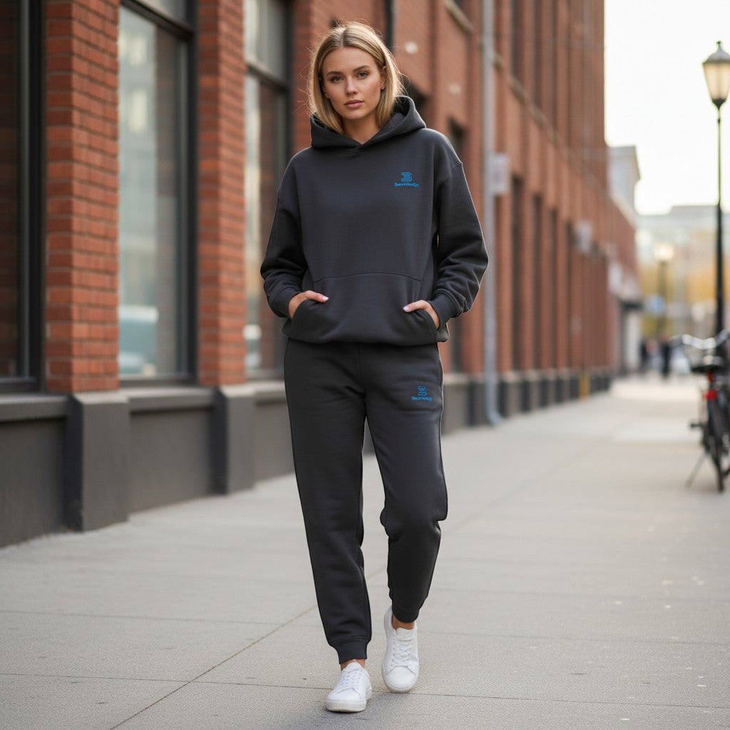 BeachBodyz® black cotton-blend jogging pants with elastic waistband and blue logo