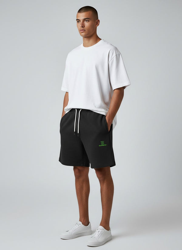 BeachBodyz® black organic cotton jogger shorts with embroidered logo and drawstring waist. Casual streetwear style.