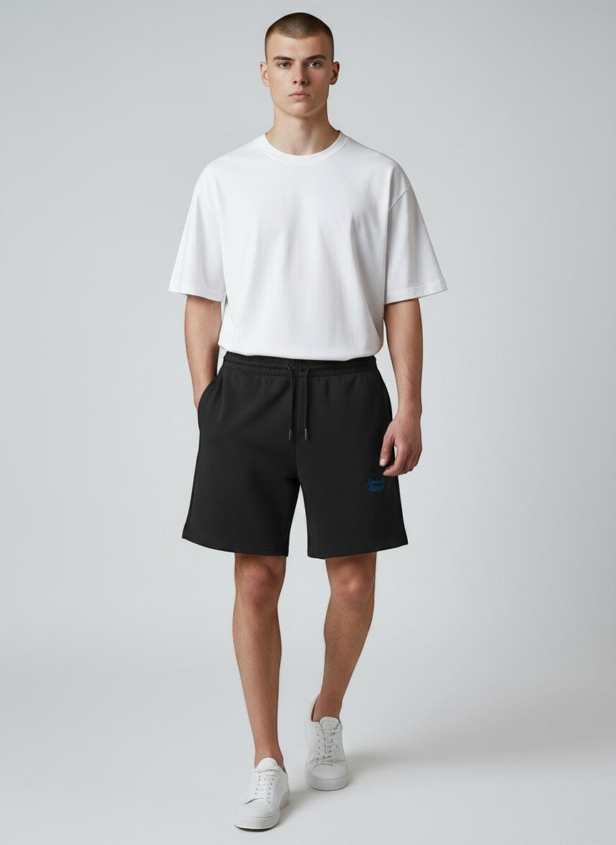 BeachBodyz® black cotton blend jogger shorts with blue embroidered logo and drawstring waist. Ideal for streetwear and casual wear.