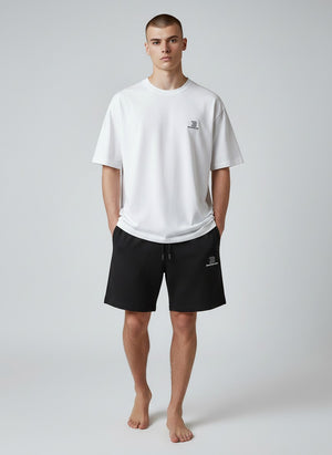 BeachBodyz® black cotton blend jogger shorts with embroidered logo and drawstring waist, perfect for streetwear and active lifestyles.