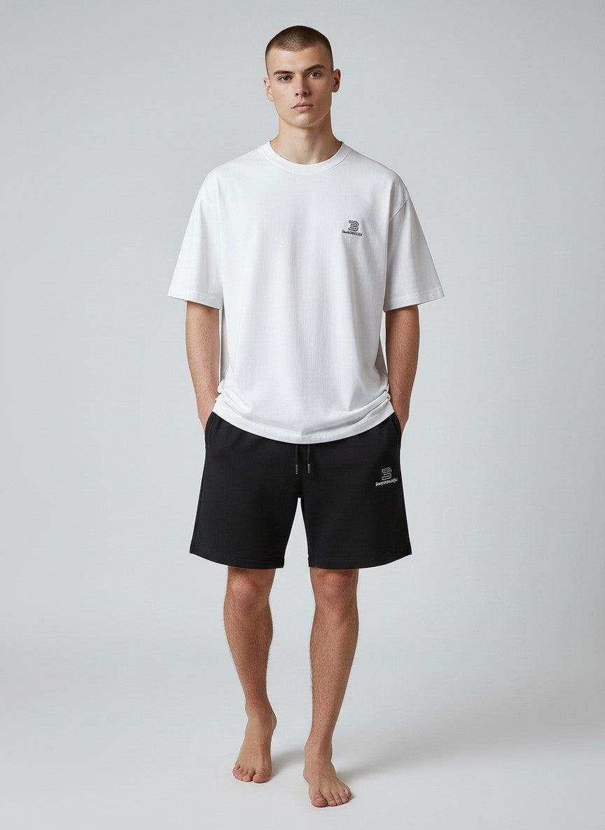 BeachBodyz® black cotton blend jogger shorts with embroidered logo and drawstring waist, perfect for streetwear and active lifestyles.