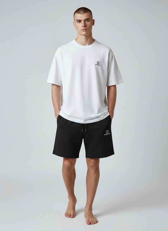 BeachBodyz® black cotton blend jogger shorts with embroidered logo and drawstring waist, perfect for streetwear and active lifestyles.