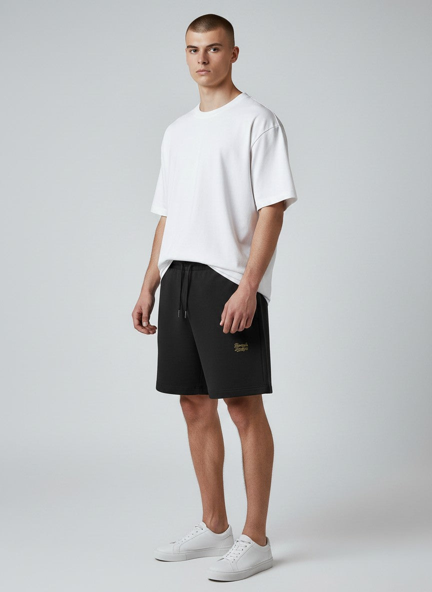 BeachBodyz® black cotton blend jogger shorts with embroidered logo and drawstring waist.