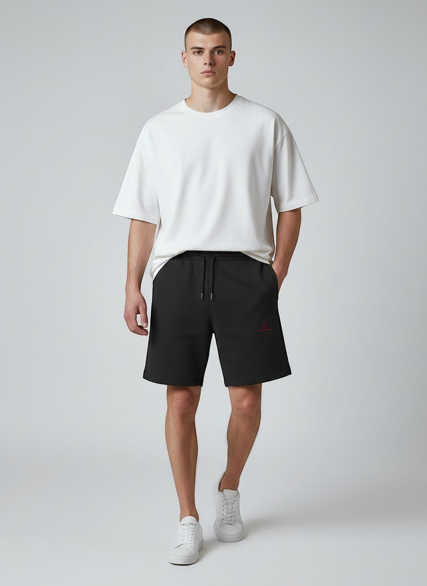 BeachBodyz® black organic cotton jogger shorts with embroidered logo and drawstring waist, perfect for streetwear and sports.