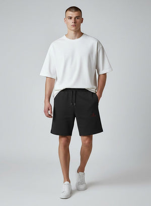 BeachBodyz® black organic cotton jogger shorts with embroidered logo and drawstring waist, perfect for streetwear and sports.