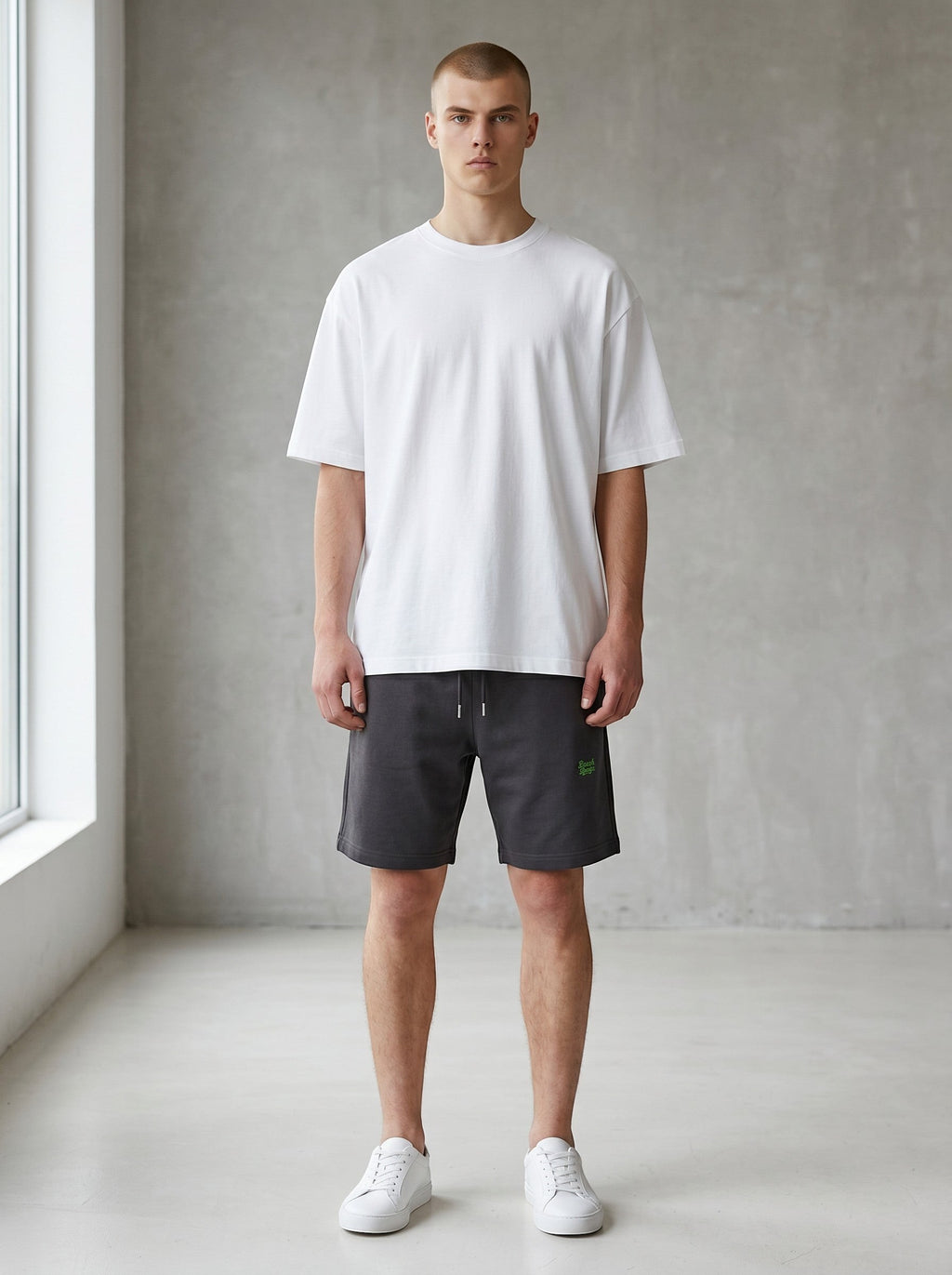 BeachBodyz® black cotton blend jogger shorts with embroidered logo and drawstring waist.