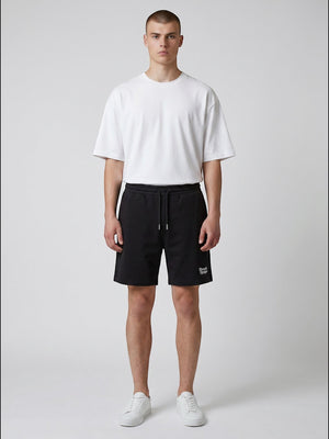BeachBodyz® black cotton blend jogger shorts with white embroidered logo and drawstring waist.