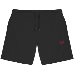 BeachBodyz® black organic cotton jogger shorts with red embroidered logo and drawstring waist. Ideal for streetwear and activewear.