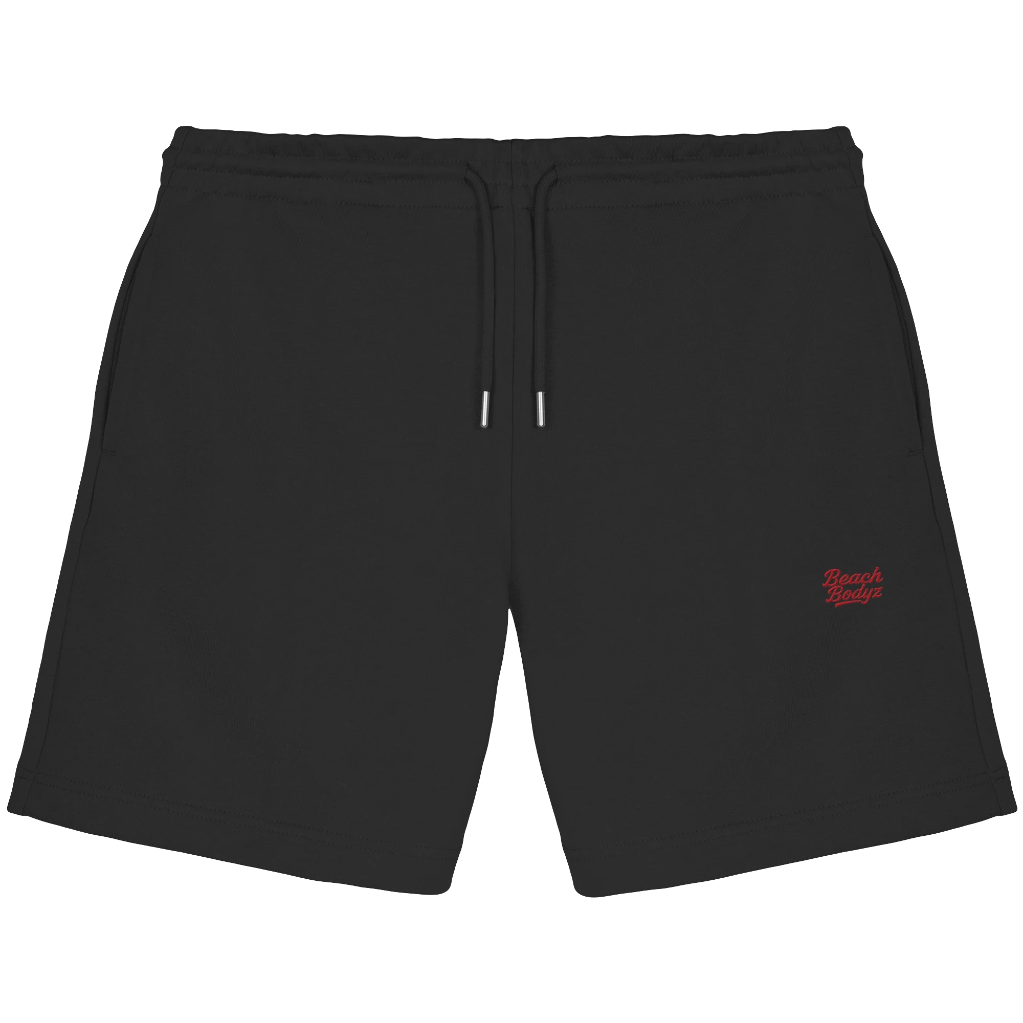 BeachBodyz® black organic cotton jogger shorts with red embroidered logo and drawstring waist. Ideal for streetwear and activewear.