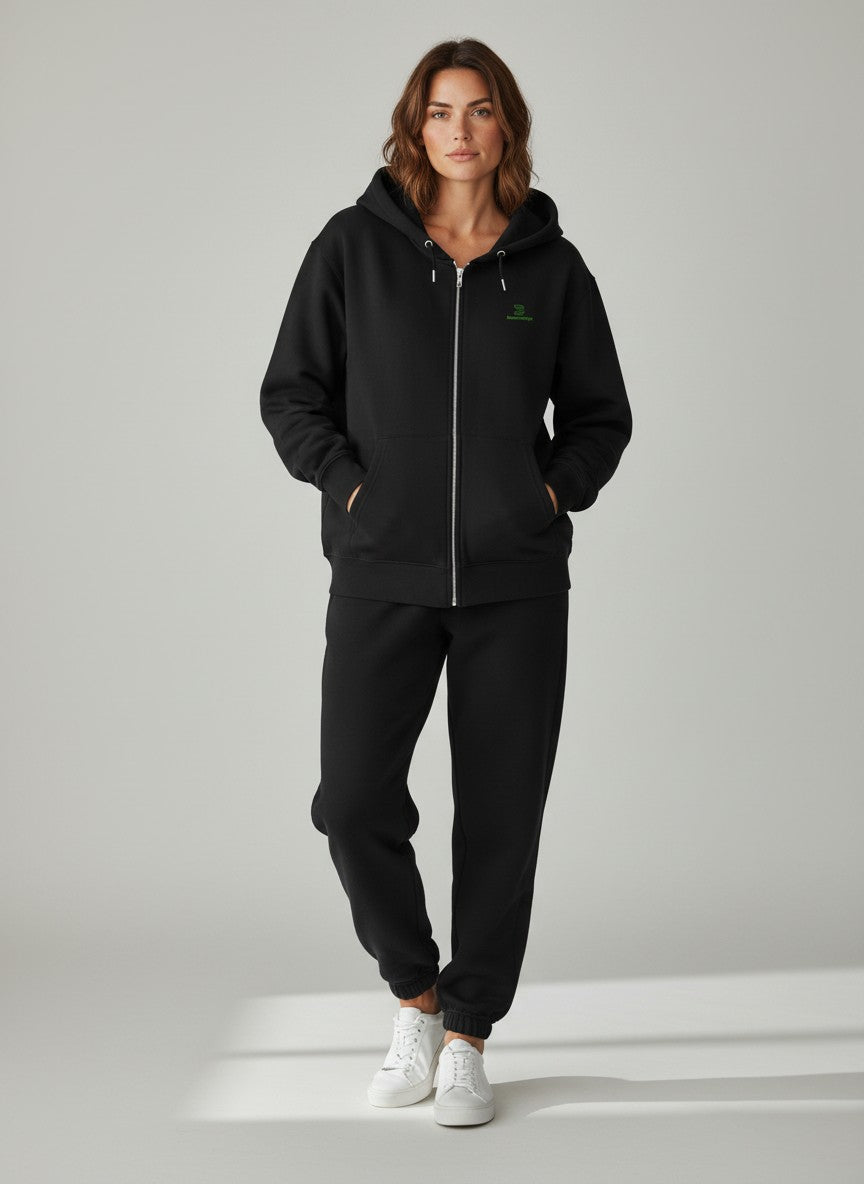 BeachBodyz® black zip-up hoodie with embroidered logo and front pockets. Made from a cotton blend.