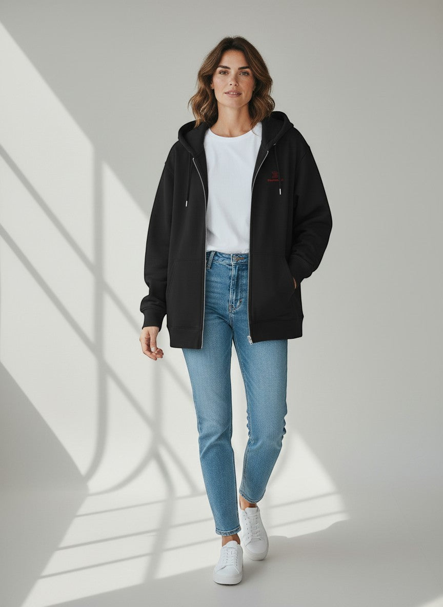 BeachBodyz® black full-zip hoodie with embroidered logo on chest and front pocket. Made from organic cotton.