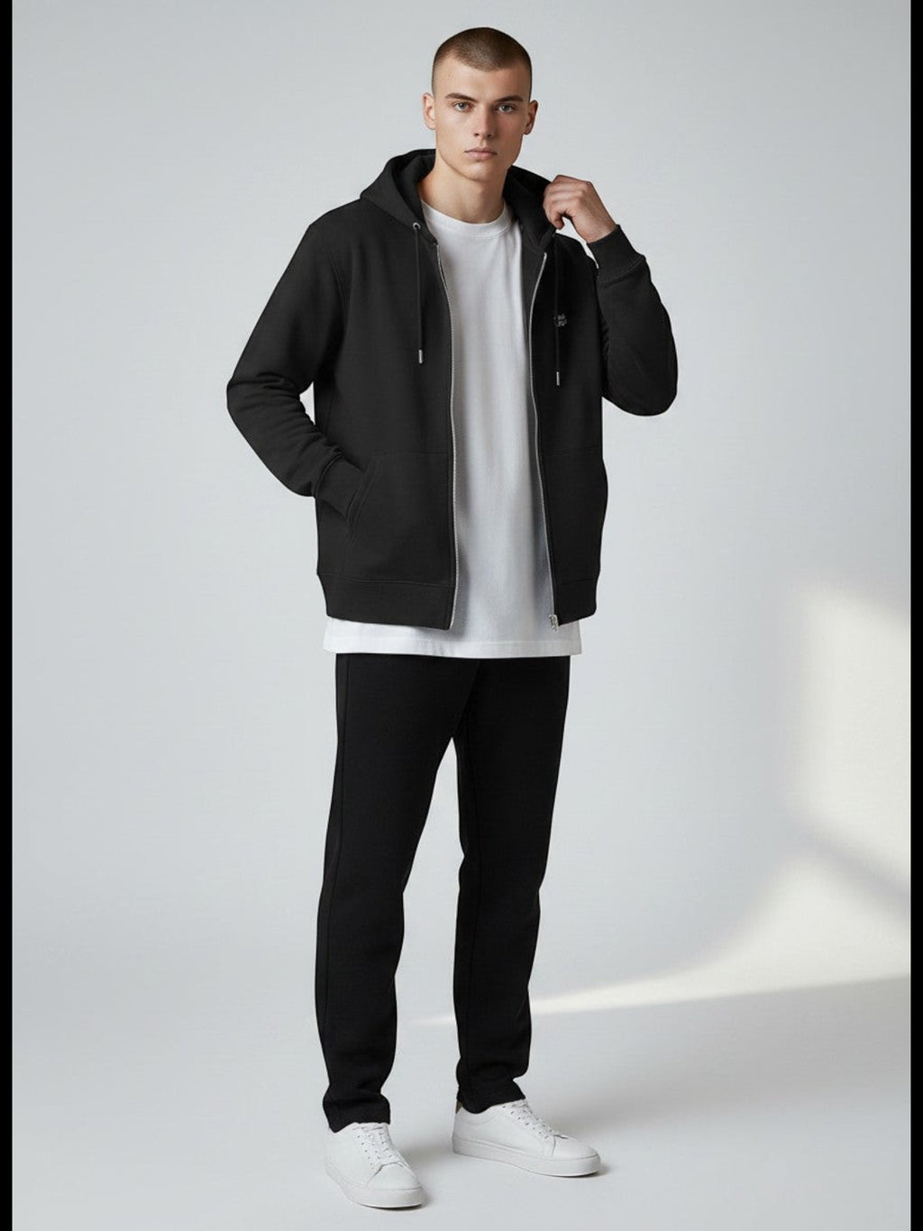 BeachBodyz® black organic cotton zip-up hoodie with embroidered logo on chest and front pockets.