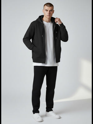 BeachBodyz® black organic cotton zip-up hoodie with embroidered logo on chest and front pockets.