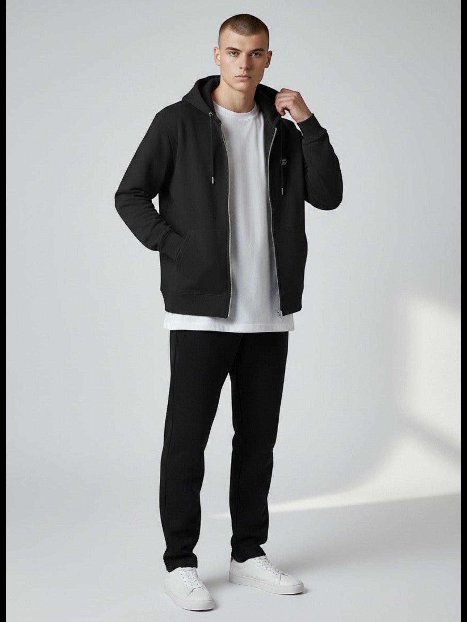 BeachBodyz® black organic cotton zip-up hoodie with embroidered logo on chest and front pockets.