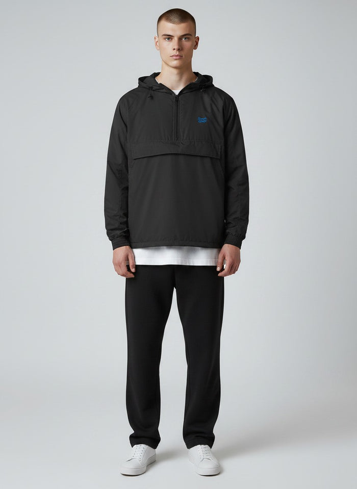 BeachBodyz® black lightweight streetwear windbreaker jacket with hood and front pouch pocket.