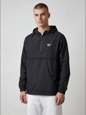 BeachBodyz® black lightweight windbreaker jacket with hood and quarter zip, featuring a chest logo and kangaroo pocket.