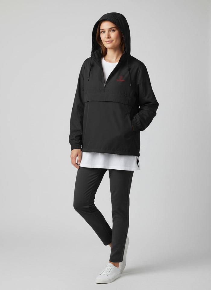 BeachBodyz® black lightweight polyester windbreaker jacket with hood and front pouch pocket.