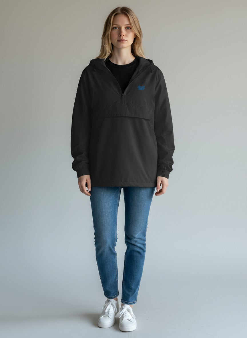 BeachBodyz® black lightweight streetwear windbreaker jacket with hood and front pouch pocket.