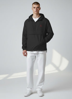 BeachBodyz® black polyester lightweight windbreaker jacket with hood and front pocket. Unisex streetwear style.