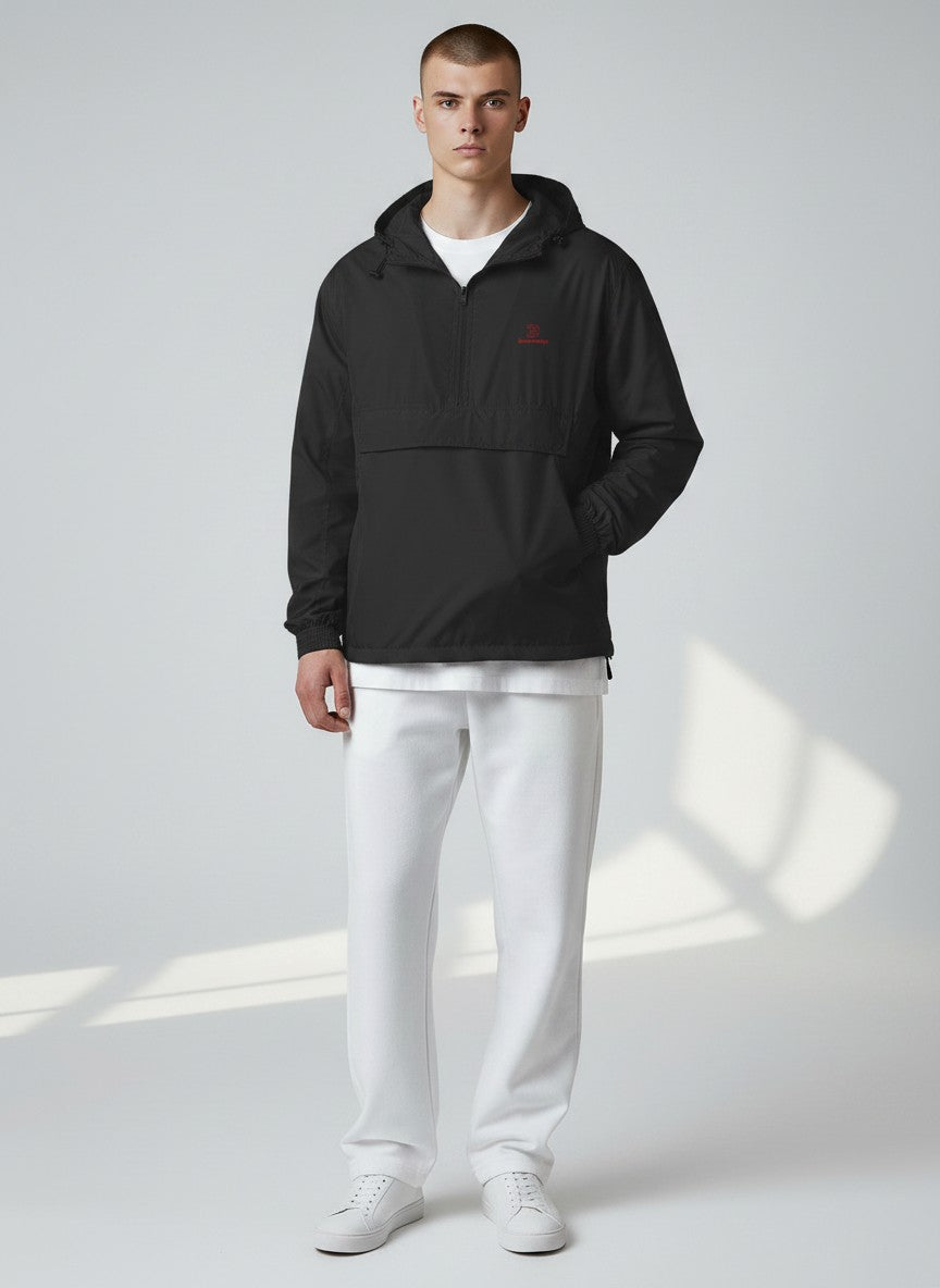 BeachBodyz® black polyester lightweight windbreaker jacket with hood and front pocket. Unisex streetwear style.