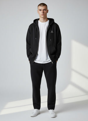 BeachBodyz® black organic cotton zip-up hoodie with subtle chest embroidery and front pockets.
