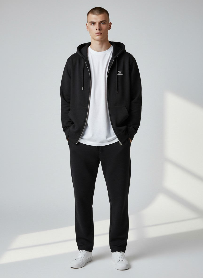 BeachBodyz® black organic cotton zip-up hoodie with subtle chest embroidery and front pockets.