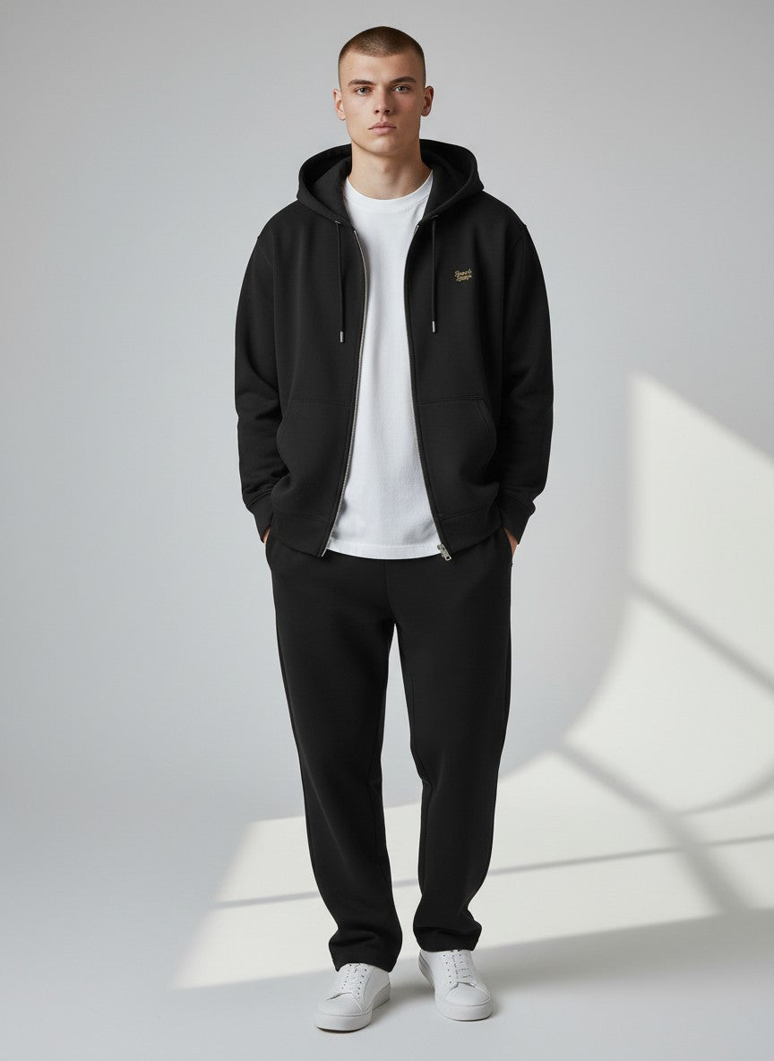 BeachBodyz® black oversized zip-up hoodie made from organic cotton with embroidered logo and front pockets.