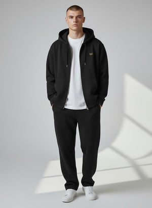 BeachBodyz® black oversized zip-up hoodie made from organic cotton with embroidered logo and front pockets.