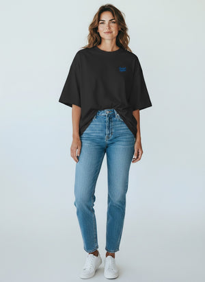 BeachBodyz® black oversized t-shirt made from bio-cotton with a small blue embroidered logo on the chest.