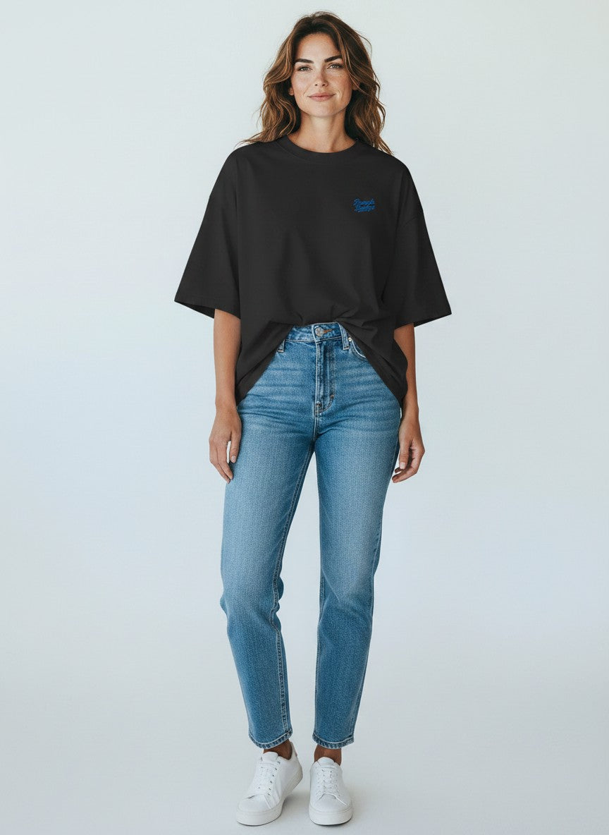 BeachBodyz® black oversized t-shirt made from bio-cotton with a small blue embroidered logo on the chest.