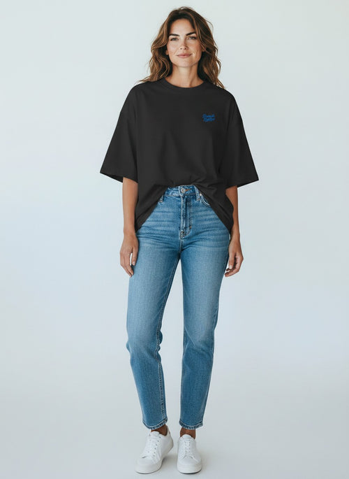 BeachBodyz® black oversized t-shirt made from bio-cotton with a small blue embroidered logo on the chest.