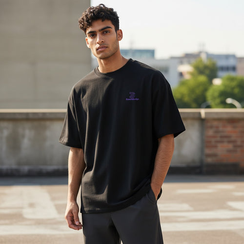 BeachBodyz® black oversized cotton t-shirt with purple logo embroidery on chest.