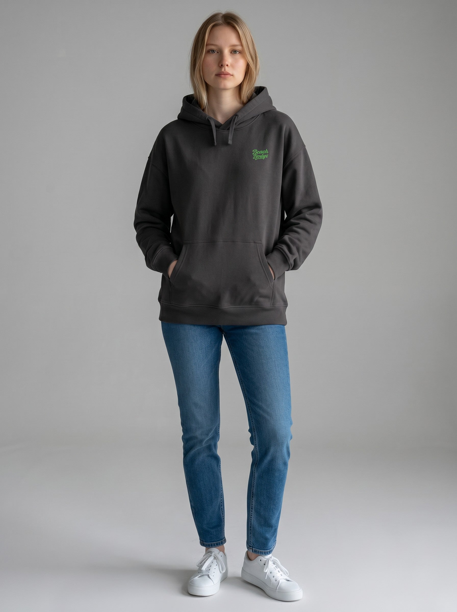 BeachBodyz® black oversized hoodie made from 400gsm bio-cotton with a small green embroidered logo on the chest.