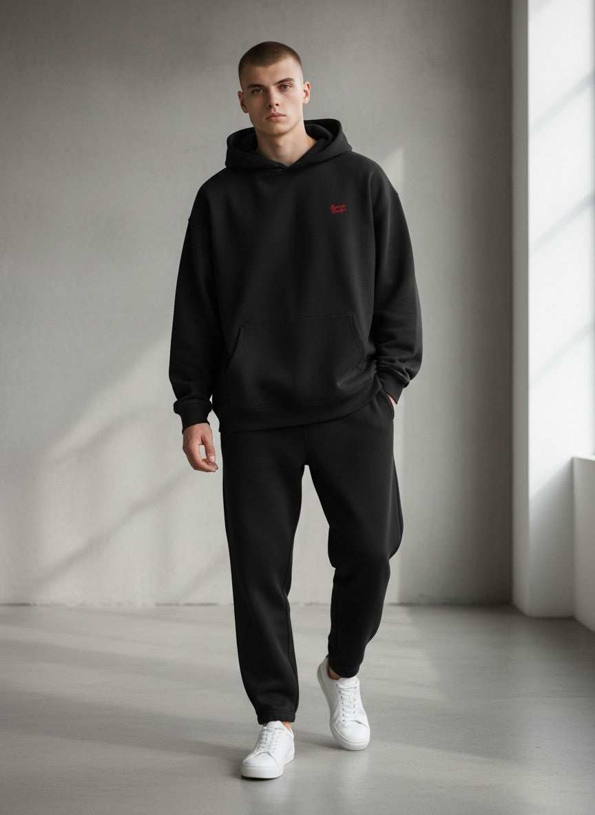 BeachBodyz® black oversized hoodie made from 400gsm organic cotton with a small red embroidered logo on the chest.