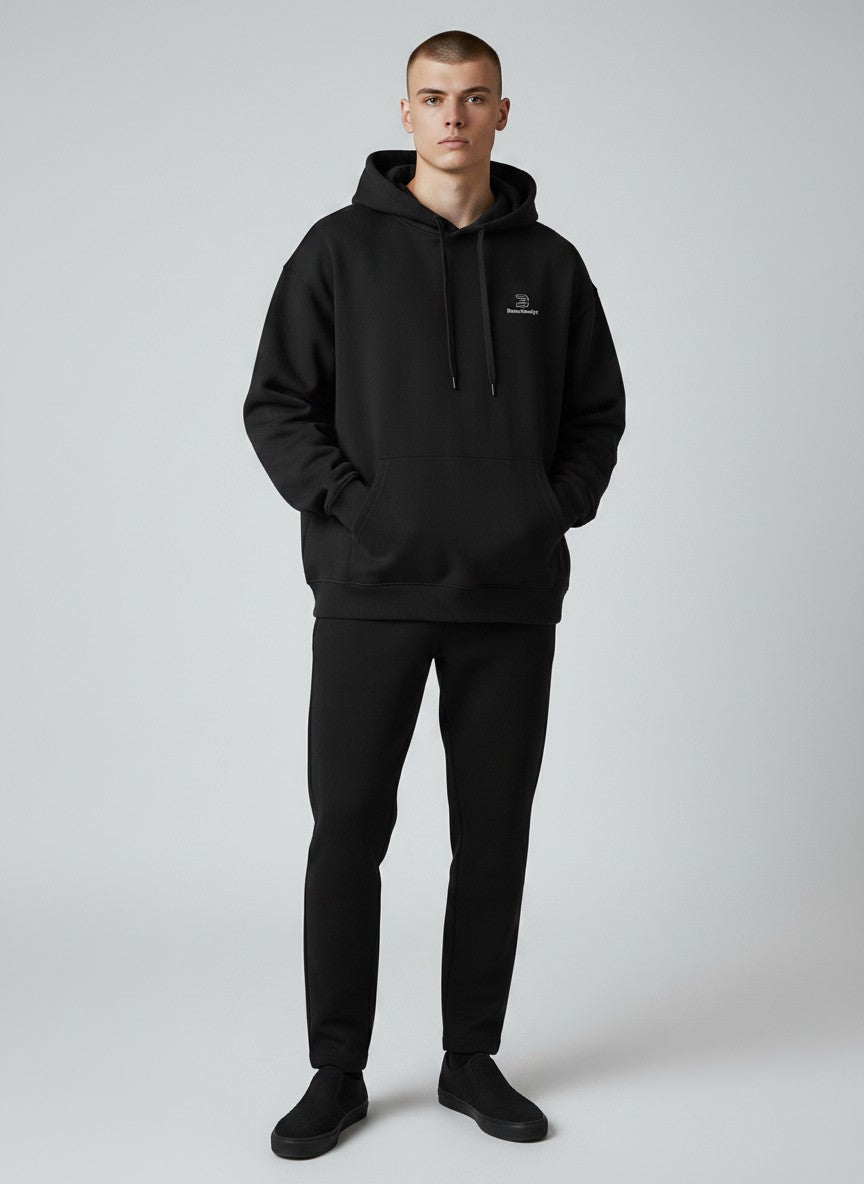 BeachBodyz® black oversized hoodie made from 400gsm organic cotton with a small embroidered logo on the chest.