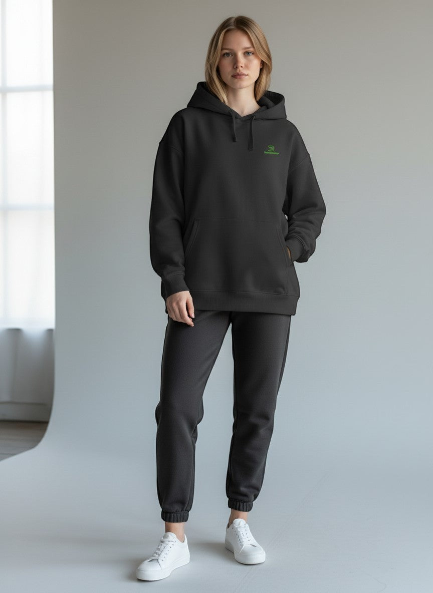 BeachBodyz® black oversized hoodie made from 400gsm organic cotton with a small green embroidered logo on the chest.