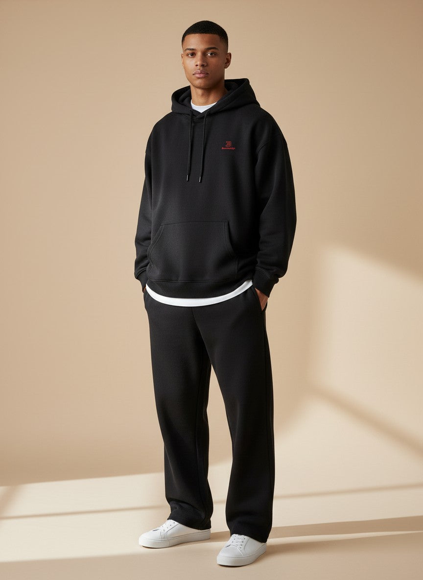 BeachBodyz® black oversized hoodie made from 400gsm organic cotton with a small red embroidered logo on the chest.