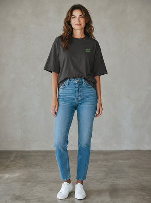 BeachBodyz® black oversized t-shirt made from organic cotton with a small green embroidered logo on the chest.