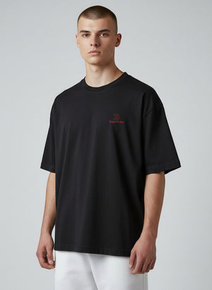 BeachBodyz® black oversized t-shirt made from organic cotton with a small red embroidered logo on the chest.