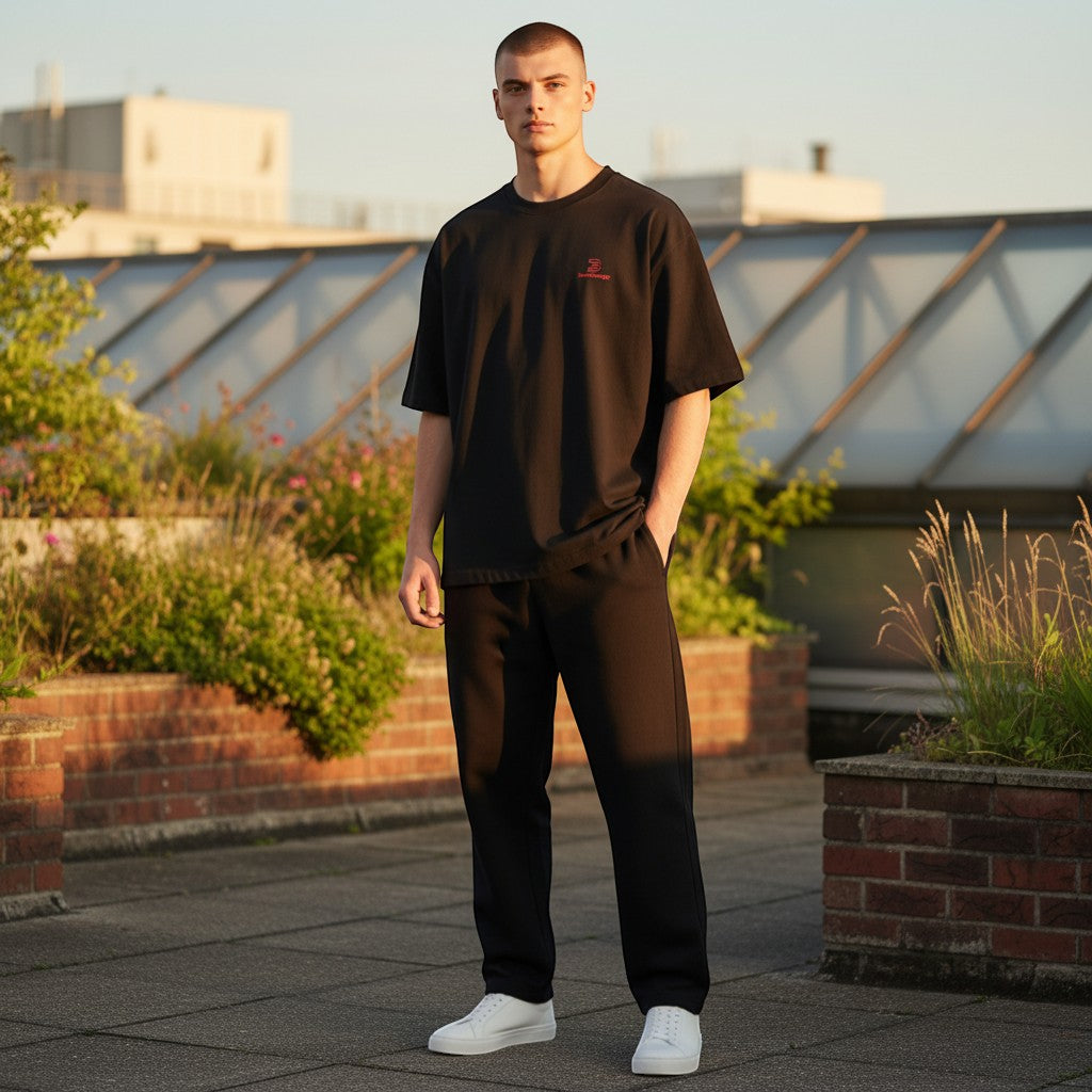 BeachBodyz® black oversized cotton t-shirt with red embroidered logo on chest. Short sleeves, crew neck.