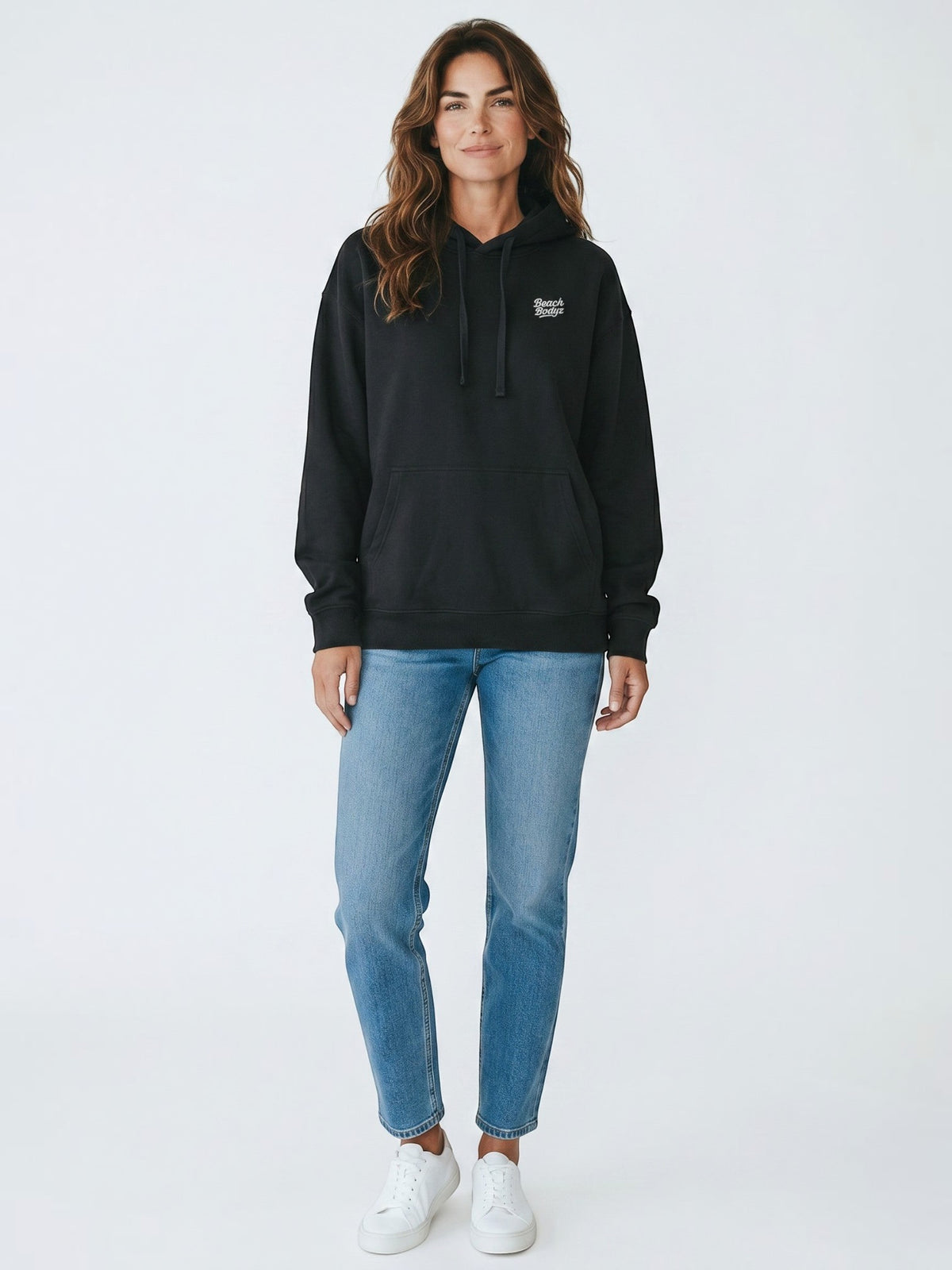 BeachBodyz® black oversized cotton hoodie with embroidered logo on chest and front pocket.