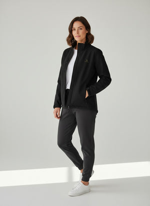 BeachBodyz® black softshell jacket for men and women, wind and water-repellent, breathable, with zippered pockets.
