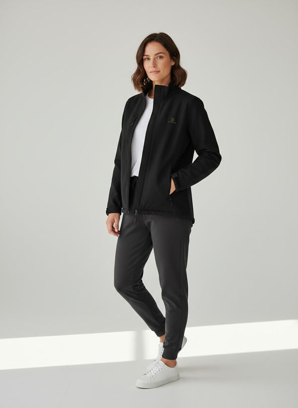 BeachBodyz® black softshell jacket for men and women, wind and water-repellent, breathable, with zippered pockets.