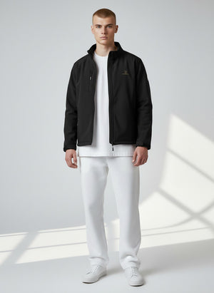 BeachBodyz® black softshell jacket for men and women, wind and water-repellent, breathable, with zip pockets and logo.