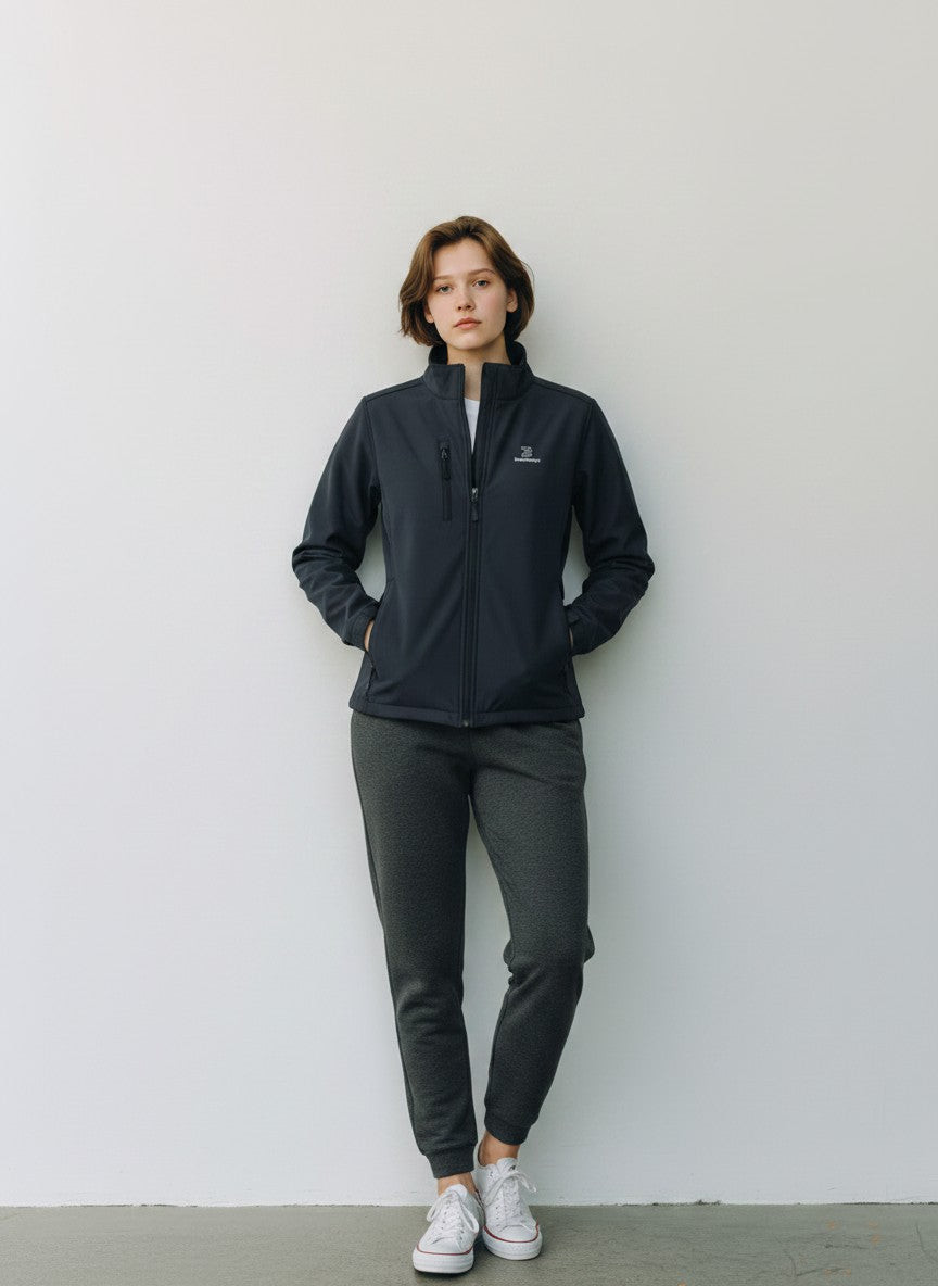 BeachBodyz® black softshell jacket for men and women with zip pockets and a stand-up collar.