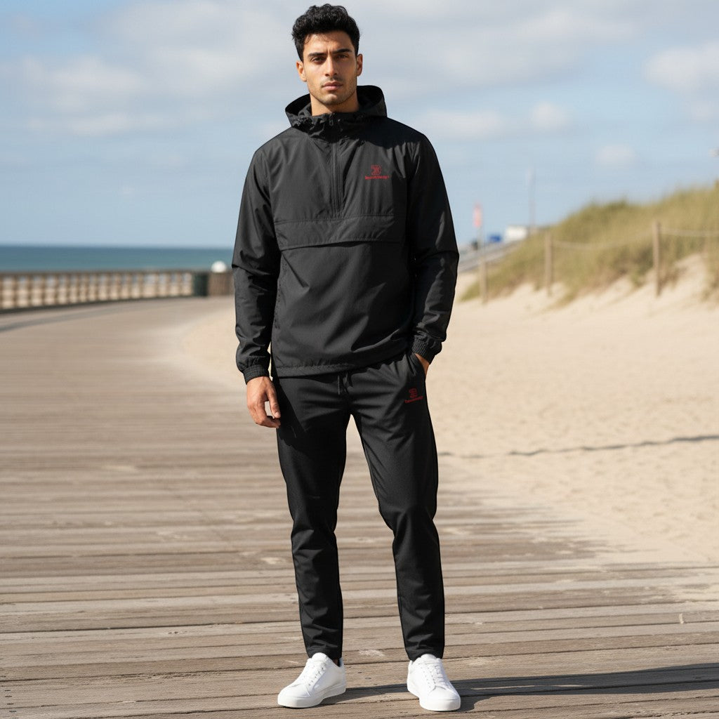 BeachBodyz® black lightweight windbreaker jacket with red logo, hood, quarter zip, and front pouch pocket.