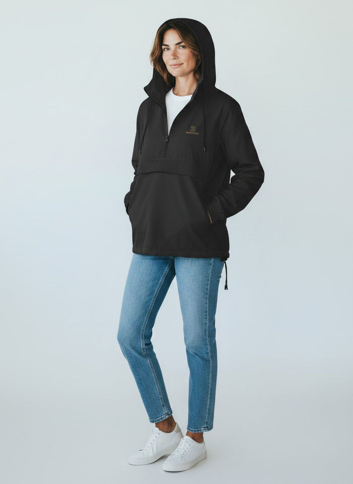 BeachBodyz® black lightweight polyester windbreaker jacket with hood and front pouch pocket. Unisex streetwear style.
